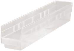 Quantum Storage - 50 Lb. Load Capacity, 23-5/8" Deep, Clear Polypropylene Hopper Shelf Bin - 4" High x 4-1/8" Wide x 23-5/8" Long - Americas Industrial Supply