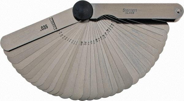 Starrett - 31 Piece, 0.0015 to 0.035" Thick, Parallel Feeler Gage Set - 3-1/32" Leaf Length, 1/2" Wide, Tempered Steel - Americas Industrial Supply