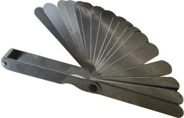 Starrett - 20 Piece, 0.05mm to 1 Thick, Parallel Feeler Gage Set - 3-1/32" Leaf Length, 1/2" Wide, Tempered Steel - Americas Industrial Supply