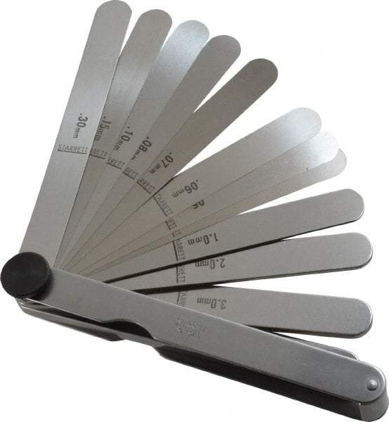Starrett - 13 Piece, 0.04 to 5mm Parallel Feeler Gage Set - 4-1/2" Long x 1/2" Wide, Tempered Steel - Americas Industrial Supply