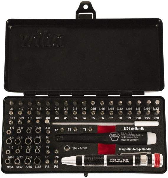 Wiha - 65 Piece, 4mm Drive Screwdriver Micro Bit Set - 0.7 to 4mm Hex, T3 to T20 Torx, 0.8, 1.2, 1.5, 1.8, 2, 2.5, 3, 3.5 & 4mm Slotted - Americas Industrial Supply
