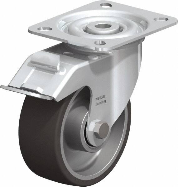 Blickle - 4" Diam x 1-9/16" Wide x 4-59/64" OAH Top Plate Mount Swivel Caster with Brake - Polyurethane-Elastomer, 220 Lb Capacity, Ball Bearing, 3-15/16 x 3-3/8" Plate - Americas Industrial Supply