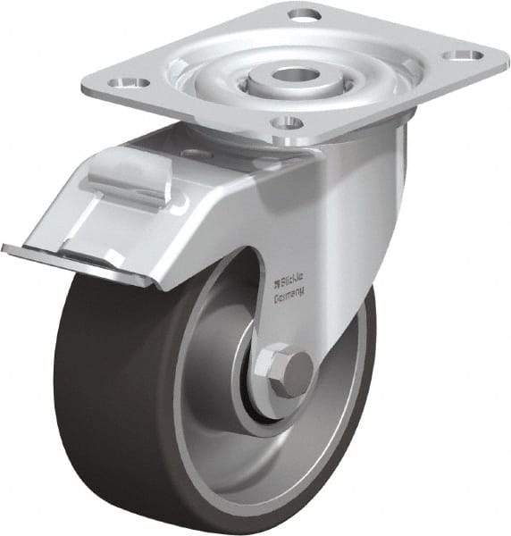 Blickle - 4" Diam x 1-9/16" Wide x 4-59/64" OAH Top Plate Mount Swivel Caster with Brake - Polyurethane-Elastomer, 220 Lb Capacity, Plain Bore Bearing, 3-15/16 x 3-3/8" Plate - Americas Industrial Supply