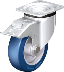 Blickle - 5" Diam x 1-37/64" Wide x 6-7/64" OAH Top Plate Mount Swivel Caster with Brake - Polyurethane-Elastomer Blickle Besthane, 770 Lb Capacity, Ball Bearing, 3-15/16 x 3-3/8" Plate - Americas Industrial Supply