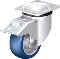 Blickle - 4" Diam x 1-37/64" Wide x 5-7/64" OAH Top Plate Mount Swivel Caster with Brake - Polyurethane-Elastomer Blickle Besthane, 660 Lb Capacity, Ball Bearing, 3-15/16 x 3-3/8" Plate - Americas Industrial Supply