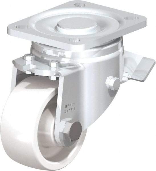 Blickle - 3" Diam x 1-29/64" Wide x 4-23/32" OAH Top Plate Mount Swivel Caster with Brake - Impact-Resistant Nylon, 770 Lb Capacity, Plain Bore Bearing, 3-15/16 x 3-3/8" Plate - Americas Industrial Supply