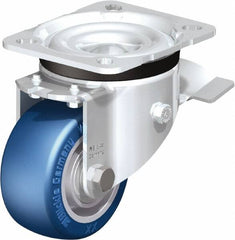 Blickle - 3" Diam x 1-37/64" Wide x 4-21/64" OAH Top Plate Mount Swivel Caster with Brake - Polyurethane-Elastomer Blickle Besthane, 506 Lb Capacity, Ball Bearing, 3-15/16 x 3-3/8" Plate - Americas Industrial Supply