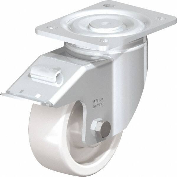 Blickle - 5" Diam x 1-31/32" Wide x 6-11/16" OAH Top Plate Mount Swivel Caster with Brake - Impact-Resistant Nylon, 1,650 Lb Capacity, Plain Bore Bearing, 5-1/2 x 4-3/8" Plate - Americas Industrial Supply