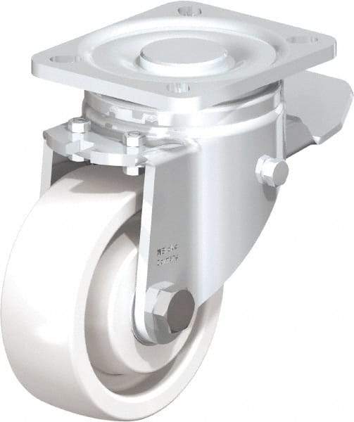 Blickle - 4" Diam x 1-29/64" Wide x 5-33/64" OAH Top Plate Mount Swivel Caster with Brake - Impact-Resistant Nylon, 1,100 Lb Capacity, Ball Bearing, 3-15/16 x 3-3/8" Plate - Americas Industrial Supply