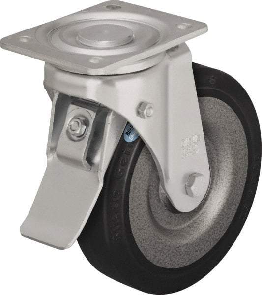 Blickle - 10" Diam x 2-23/64" Wide x 11-39/64" OAH Top Plate Mount Swivel Caster with Brake - Solid Rubber, 1,870 Lb Capacity, Ball Bearing, 5-1/2 x 4-3/8" Plate - Americas Industrial Supply