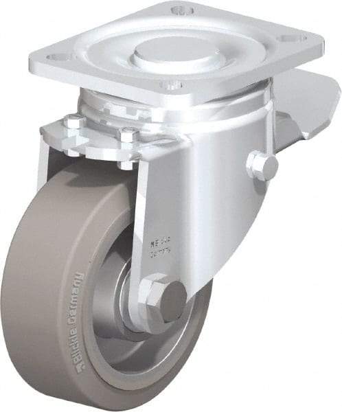 Blickle - 4" Diam x 1-9/16" Wide x 5-33/64" OAH Top Plate Mount Swivel Caster with Brake - Solid Rubber, 440 Lb Capacity, Ball Bearing, 3-15/16 x 3-3/8" Plate - Americas Industrial Supply