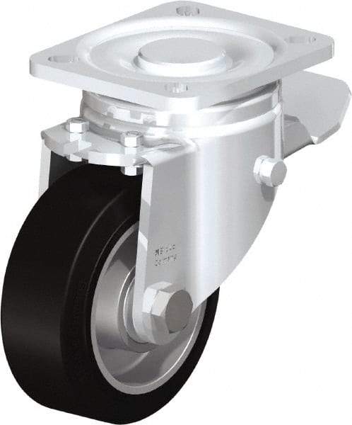 Blickle - 4" Diam x 1-9/16" Wide x 5-33/64" OAH Top Plate Mount Swivel Caster with Brake - Solid Rubber, 440 Lb Capacity, Ball Bearing, 3-15/16 x 3-3/8" Plate - Americas Industrial Supply
