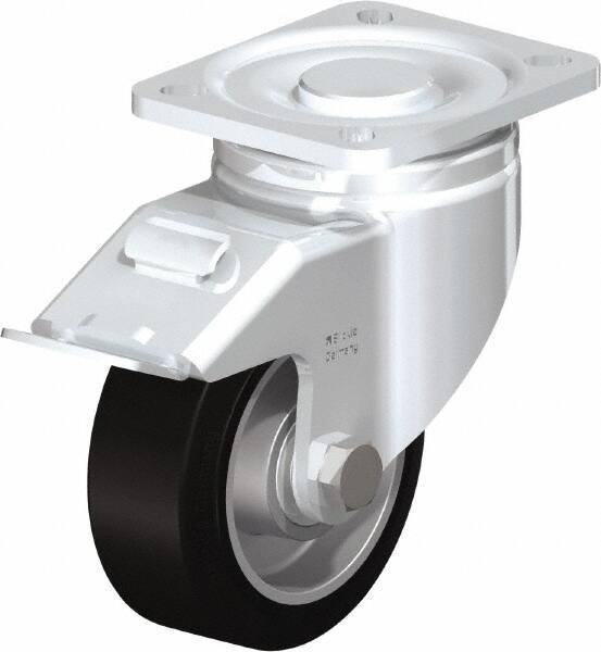 Blickle - 4" Diam x 1-9/16" Wide x 5-33/64" OAH Top Plate Mount Swivel Caster with Brake - Solid Rubber, 440 Lb Capacity, Ball Bearing, 3-15/16 x 3-3/8" Plate - Americas Industrial Supply