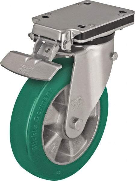 Blickle - 8" Diam x 2" Wide x 10-5/16" OAH Top Plate Mount Swivel Caster with Brake - Polyurethane-Elastomer Blickle Softhane, 1,320 Lb Capacity, Ball Bearing, 5-1/2 x 4-3/8" Plate - Americas Industrial Supply
