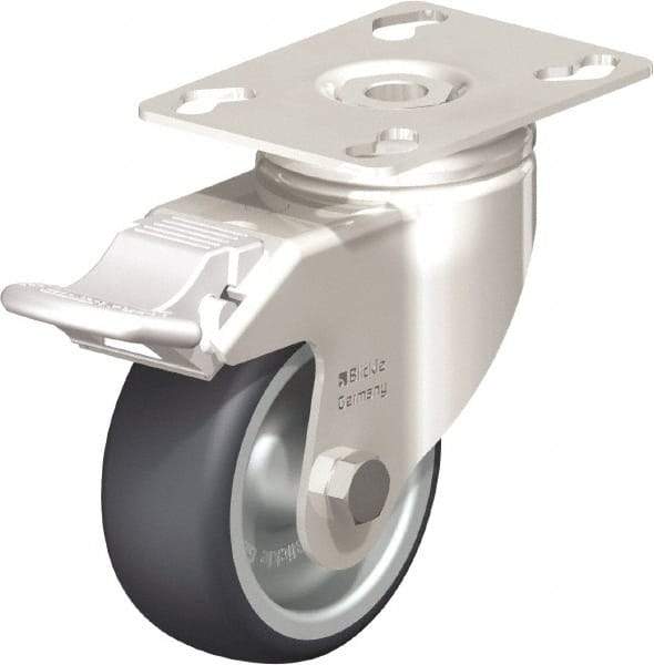 Blickle - 3" Diam x 1-1/4" Wide x 4-3/8" OAH Top Plate Mount Swivel Caster with Brake - Thermoplastic Rubber Elastomer (TPE), 220 Lb Capacity, Plain Bore Bearing, 3-9/16 x 2-5/8" Plate - Americas Industrial Supply