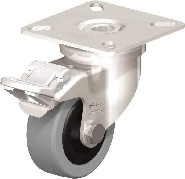 Blickle - 2" Diam x 45/64" Wide x 2-51/64" OAH Top Plate Mount Swivel Caster with Brake - Solid Rubber, 88 Lb Capacity, Plain Bore Bearing, 2-3/8 x 2-3/8" Plate - Americas Industrial Supply