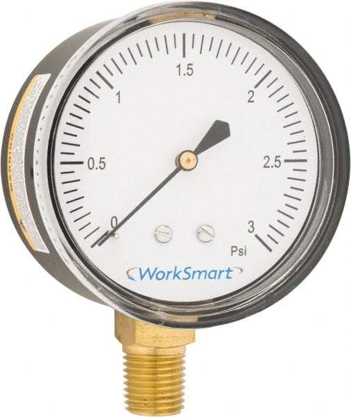 Value Collection - 2-1/2" Dial, 1/4 Thread, 0-3 Scale Range, Pressure Gauge - Lower Connection Mount, Accurate to 1.5% of Scale - Americas Industrial Supply