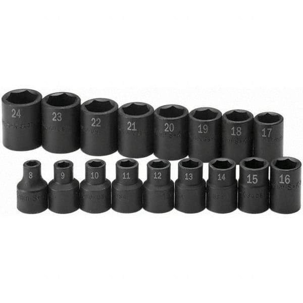 SK - 1/2" Drive Standard Impact Socket Set - 8 to 24mm, Metric Measurement Standard - Americas Industrial Supply