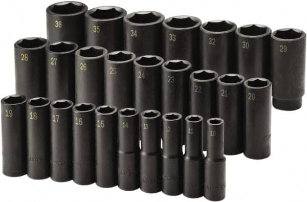 SK - 26 Piece 1/2" Drive Deep Impact Socket Set - 6 Points, 10 to 36mm, Metric Measurement Standard - Americas Industrial Supply