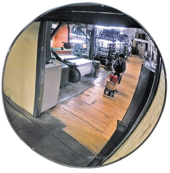 PRO-SAFE - Indoor Round Convex Safety, Traffic & Inspection Mirrors - Glass Lens, Laminated Hardboard Backing, 36" Diam x 2-3/8" High, 38' Max Covered Distance - Americas Industrial Supply