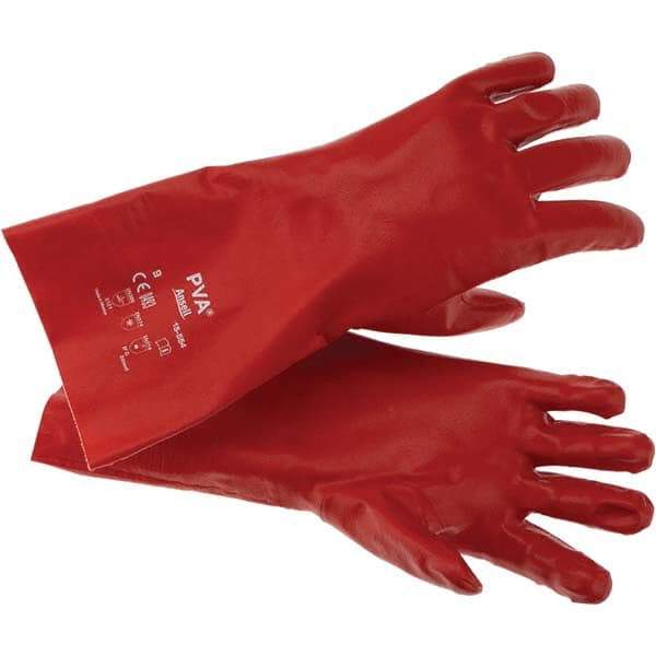 Ansell - Size L (9), 14" Long, Supported, Polyvinyl Alcohol (PVA) Chemical Resistant Gloves - Smooth Finish, Cotton Interlock Knit Lined, Gauntlet Cuff, ANSI Abrasion Level 4, ANSI Cut Level 1, Red - Americas Industrial Supply