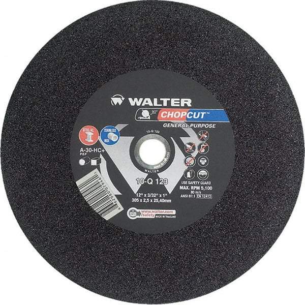 WALTER Surface Technologies - 12" 30 Grit Aluminum Oxide Cutoff Wheel - 3/32" Thick, 1" Arbor, 5,100 Max RPM, Use with Chop Saws - Americas Industrial Supply