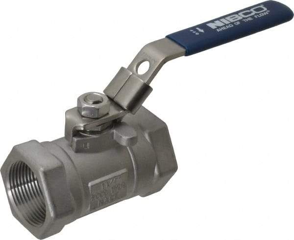 NIBCO - 1-1/4" Pipe, Reduced Port, Carbon Steel Standard Ball Valve - 1 Piece, Inline - One Way Flow, FNPT x FNPT Ends, Locking Lever Handle, 2,000 WOG - Americas Industrial Supply