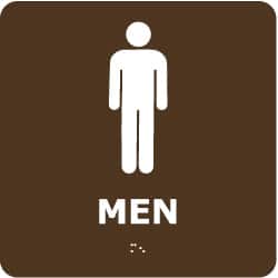 NMC - Men, 8" Wide x 8" High, Plastic Sign - English, Braille, White on Brown, Wall Mount - Americas Industrial Supply