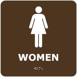 NMC - Women, 8" Wide x 8" High, Plastic Sign - English, Braille, White on Brown, Wall Mount - Americas Industrial Supply