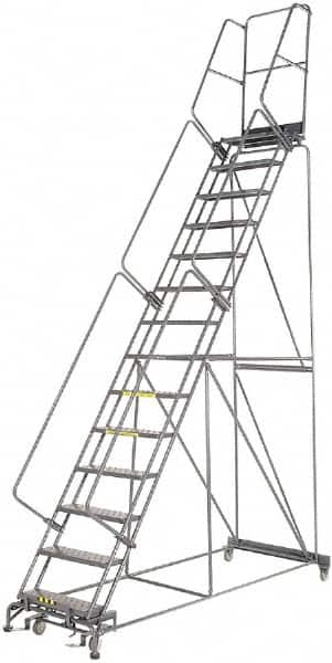 Ballymore - 185" 14 Step Rolling Warehouse Ladder - Lock Step Rolling Safety Ladder, 450 Lb Capacity, 140" Platform Height, 40" Base Width x 100" Base Depth, Perforated Tread - Americas Industrial Supply