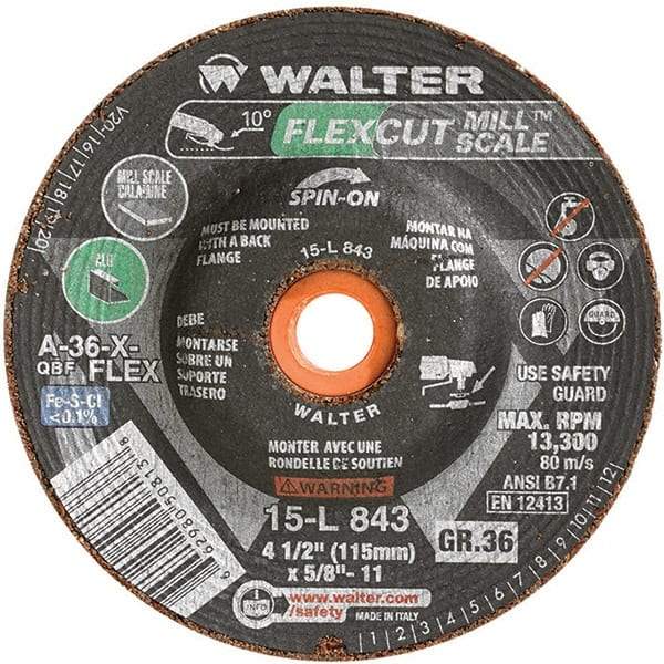 WALTER Surface Technologies - 4-1/2" 36 Grit Aluminum Oxide/Silicon Carbide Blend Cutoff Wheel - 5/8-11 Arbor, 13,300 Max RPM, Use with Angle Grinders - Americas Industrial Supply