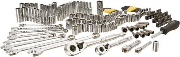 Stanley - 145 Piece 1/4" & 3/8" Drive Chrome Vanadium Finish Deep Well Socket Set - 6 Points, 5/32" to 11/16" (4mm to 17mm) Range, Inch/Metric Measurement Standard - Americas Industrial Supply