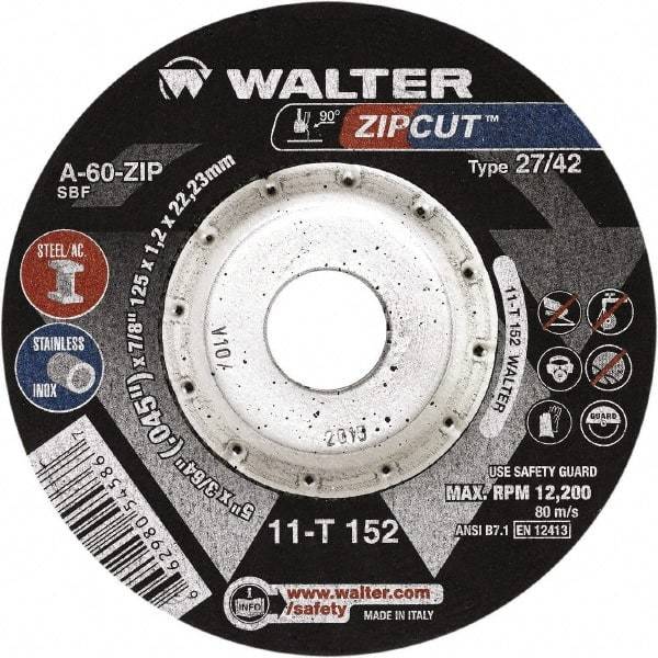 WALTER Surface Technologies - 60 Grit, 4-1/2" Wheel Diam, 3/64" Wheel Thickness, 7/8" Arbor Hole, Type 27 Depressed Center Wheel - Aluminum Oxide, Resinoid Bond, 13,300 Max RPM, Compatible with Angle Grinder - Americas Industrial Supply