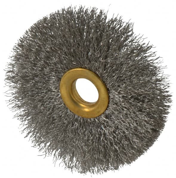 Value Collection - 3" OD, 1/2" Arbor Hole, Crimped Stainless Steel Wheel Brush - 3/8" Face Width, 1" Trim Length, 0.007" Filament Diam, 15,000 RPM - Americas Industrial Supply
