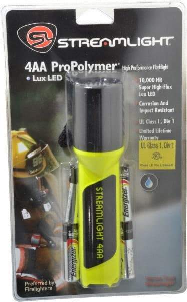 Streamlight - White LED Bulb, 100 Lumens, Industrial/Tactical Flashlight - Yellow Plastic Body, 4 AA Alkaline Batteries Included - Americas Industrial Supply
