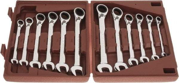 Paramount - 12 Piece, 8mm to 19mm, Reversible Ratcheting Combination Wrench Set - Metric Measurement Standard, Full Polish Chrome Finish, Comes in Blow Molded Case - Americas Industrial Supply
