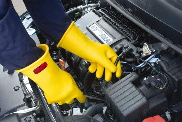Ansell - Class 0, Size 9, 14" Long, Rubber Lineman's Glove - 5,000 AC Max Use Voltage, 1,000 AC Test Voltage, Yellow, ASTM D120 - Americas Industrial Supply