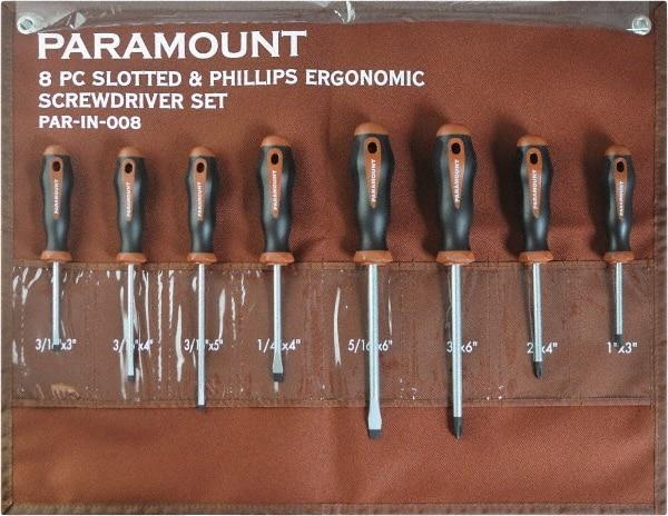 Paramount - 8 Piece Slotted, Phillips & Cabinet Screwdriver Set - Blade Sizes: Width 3/16, 1/4 & 5/16, Bit Sizes: Philips #0 to #3 - Americas Industrial Supply