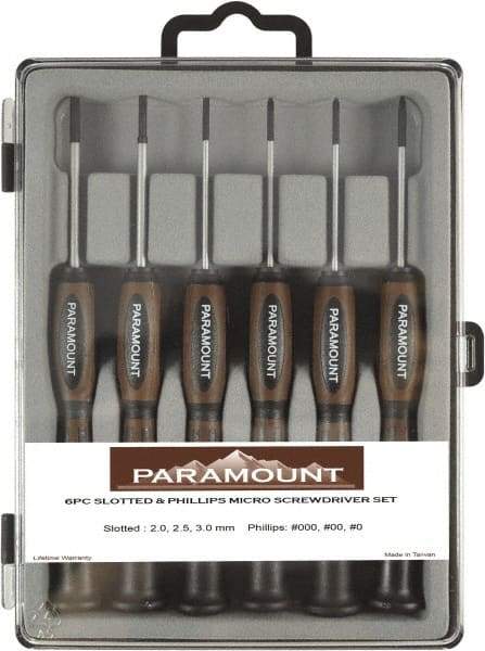 Paramount - 6 Piece Phillips & Slotted Screwdriver Set - Bit Sizes: Philips #000 to #0 - Americas Industrial Supply