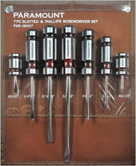 Paramount - 7 Piece Slotted, Phillips & Stubby Screwdriver Set - Blade Sizes: Width 1/4, 5/16 & 3/8, Bit Sizes: Philips #1 & #2 - Americas Industrial Supply