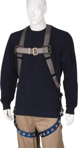 PRO-SAFE - 350 Lb Capacity, Size Universal, Full Body Premium Tongue Buckle Safety Harness - Polyester, Tongue Buckle Leg Strap, Pass-Thru Chest Strap, Gray/Blue - Americas Industrial Supply