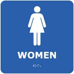 NMC - Women, 8" Wide x 8" High, Plastic Sign - English, Braille, White on Blue, Wall Mount - Americas Industrial Supply