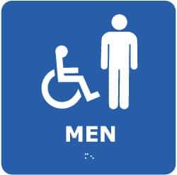 NMC - Men, 8" Wide x 8" High, Plastic Sign - English, Braille, White on Blue, Wall Mount - Americas Industrial Supply