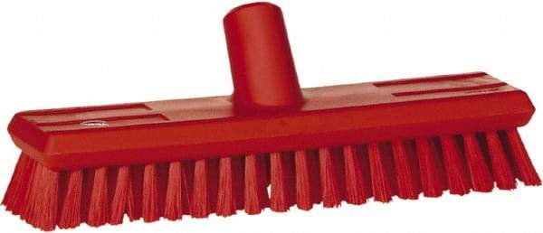 Vikan - 1.3" Bristle Length, Polyester Scrub Brush - 10-3/4" Long x 2-1/2" Wide Head, 11" OAL, European Threaded Handle, Red, Polypropylene Block - Americas Industrial Supply