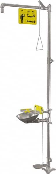 Bradley - 1-1/4" Inlet, 22 GPM shower Flow, Drench shower, Eye & Face Wash Station - Bowl, Triangular Pull Rod, Push Handle & Foot Pedal Activated, Stainless Steel Pipe, 316 Stainless Steel Shower Head, 5.1 GPM Bowl Flow, Corrosion Resistant - Americas Industrial Supply
