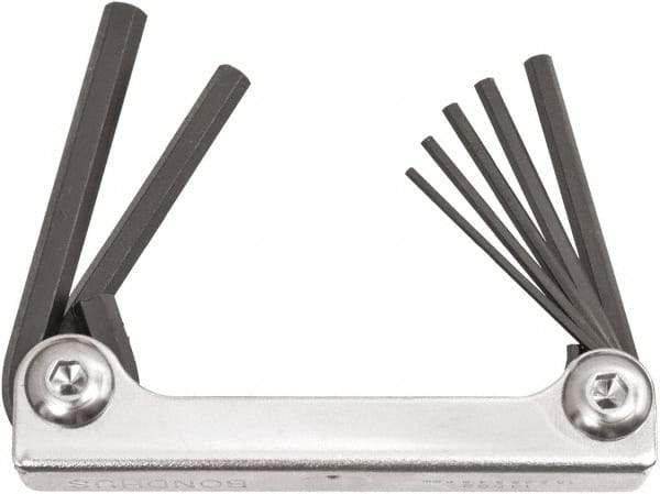 Bondhus - 7 Piece Fold-Up Ball End Hex Key Set - Hex Range 2 to 8mm, 6.63" OAL, Protanium High Torque Steel - Americas Industrial Supply