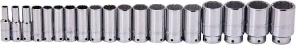 Proto - 19 Piece 1/2" Drive Deep Well Socket Set - 12 Points, 3/8" to 1-1/2" Range, Inch Measurement Standard - Americas Industrial Supply