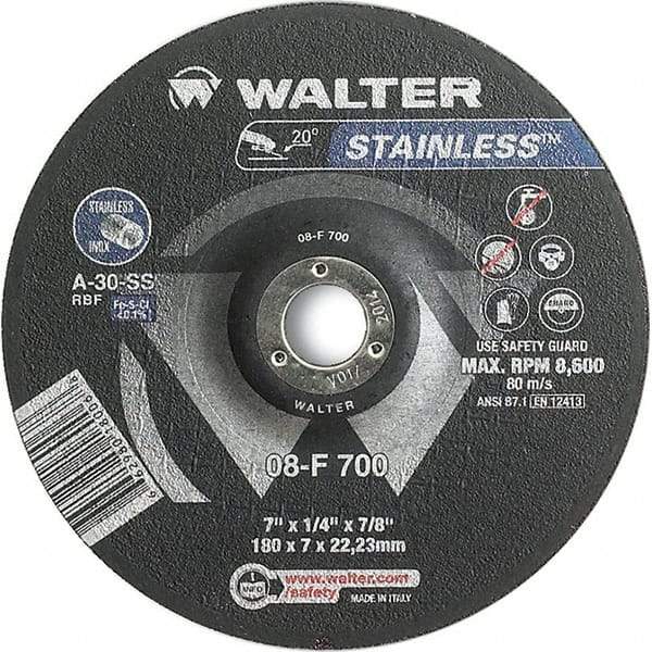 WALTER Surface Technologies - 30 Grit, 7" Wheel Diam, 1/4" Wheel Thickness, 7/8" Arbor Hole, Type 27 Depressed Center Wheel - Aluminum Oxide, Resinoid Bond, 8,600 Max RPM - Americas Industrial Supply