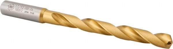 OSG - 17/32" 130° Cobalt Jobber Drill - TiN Finish, Right Hand Cut, Spiral Flute, Straight Shank, 7-3/16" OAL, Standard Point - Americas Industrial Supply