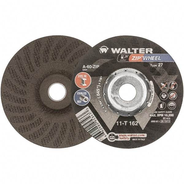 WALTER Surface Technologies - 60 Grit, 6" Wheel Diam, 3/64" Wheel Thickness, 7/8" Arbor Hole, Type 27 Depressed Center Wheel - Aluminum Oxide, Resinoid Bond, 10,200 Max RPM - Americas Industrial Supply